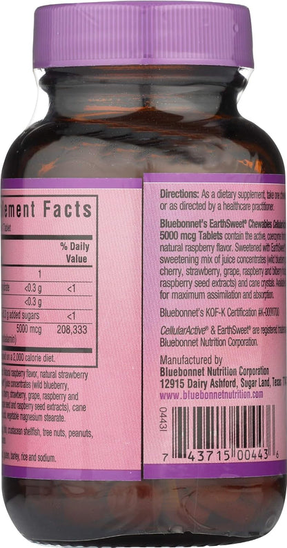 BlueBonnet Nutrition Earth Sweet® Chewables, CellularActive® Methylcobalamin, Raspberry, 5,000 mcg, 60 Chewable Tablets