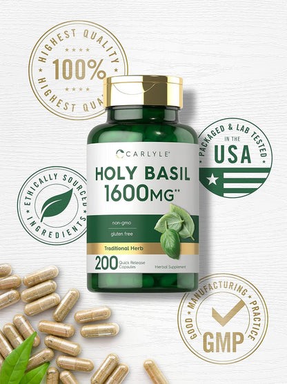 Carlyle Holy Basil Capsules | 200 Capsules | Tulsi Leaf Extract | Herbal Food Supplement