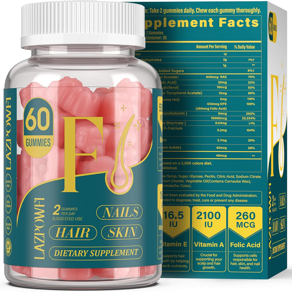 Lazpowfi Biotin Gummies for Hair, Skin & Nails – Vegan Vitamin B7 – 60 Raspberry Gummies – Image 1