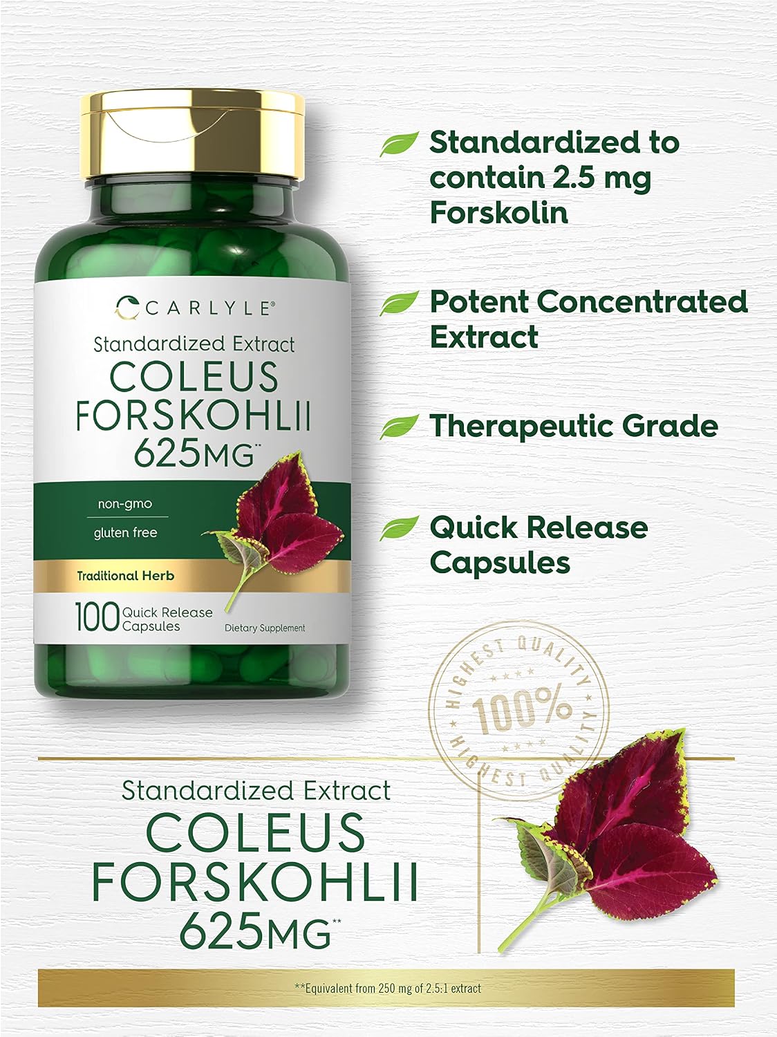 Carlyle Coleus Forskohlii Capsules | 100 Capsules | Standardised Forskolin Extract Supplement | Non-GMO & Gluten-free - görsel 3