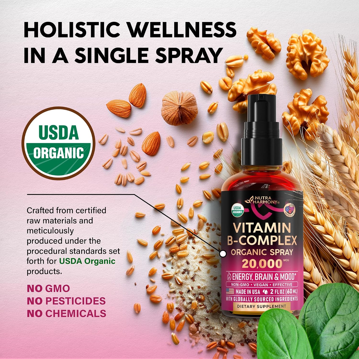 USDA Organic Vitamin B-Complex Liquid Spray 8-in-1 - B5 Pantothenic Acid | B12 Methylcobalamin | B1 Thiamine | B6 Pyridoxine | B7 Biotin | B9 Folate | B3 Niacinamide - Berry Mix Flavour - 2 fl oz (60 ml) - görsel 4