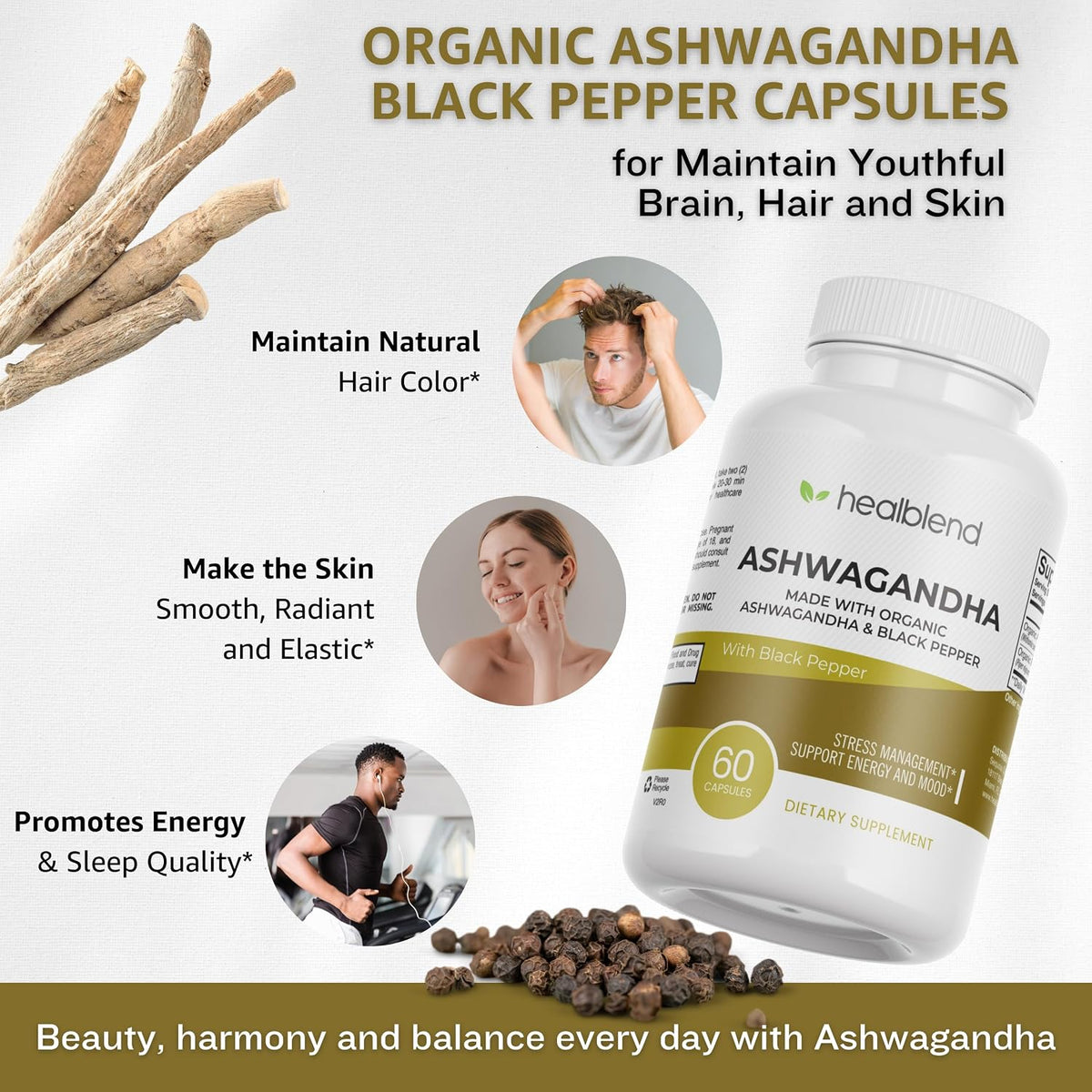 Organic Ashwagandha 1300mg with Black Pepper Extract - Mood and Energy Support Supplement - 60 Capsules - görsel 3