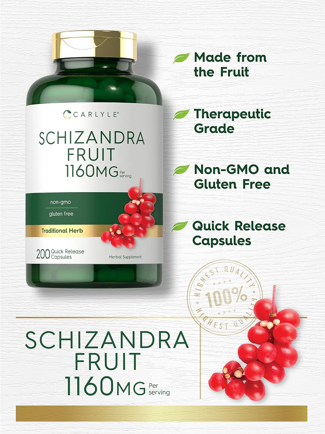 Carlyle Schisandra Supplement 1160 mg | 200 Capsules | Berry Fruit Extract | Non-GMO & Gluten-free - görsel 3