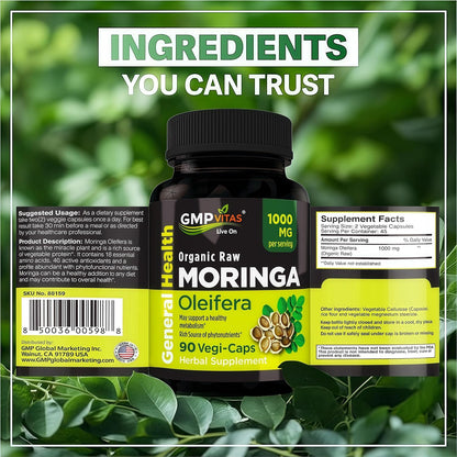 Organic Moringa Capsules 1000mg - Pure Moringa Leaf Food Supplement for Energy, Immune and Skin Support