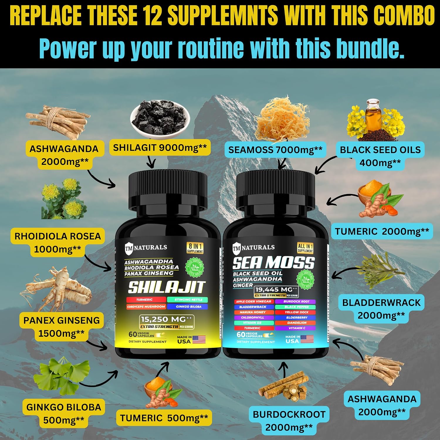 TM NATURALS Sea Moss Black Seed Oil Ashwagandha Ginger Capsules - 240 Capsules - görsel 3