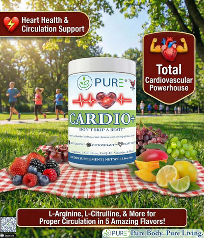 PURE® Cardio+ Nitric Oxide Circulation Support - 5000mg L-Arginine & 1000mg L-Citrulline - Mixed Berry Flavour, 30 Servings Powder, 363g - CoQ10 & Beetroot - High Potency Heart Formula