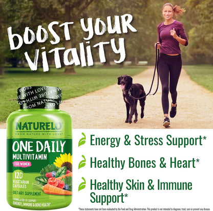 NATURELO One Daily Multivitamin for Women with Vitamin B12, 120 Capsules, Energy Support, Whole Food Daily Women's Multivitamin Supplement, Nourish Hair/Skin/Nails, Non-GMO, No Soya, Gluten-free, 4 Month Supply