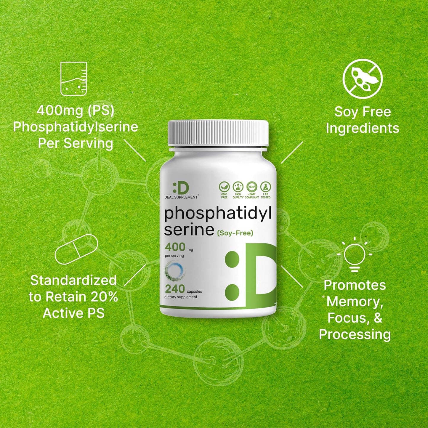 Phosphatidylserine Supplement - 400mg, 240 Capsules - Soya-free Sunflower Lecithin - görsel 4
