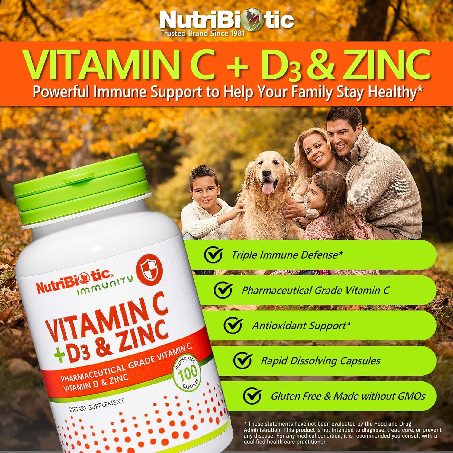 NutriBiotic – Vitamin C + Vitamin D3 & Zinc, 100 Capsules - görsel 2