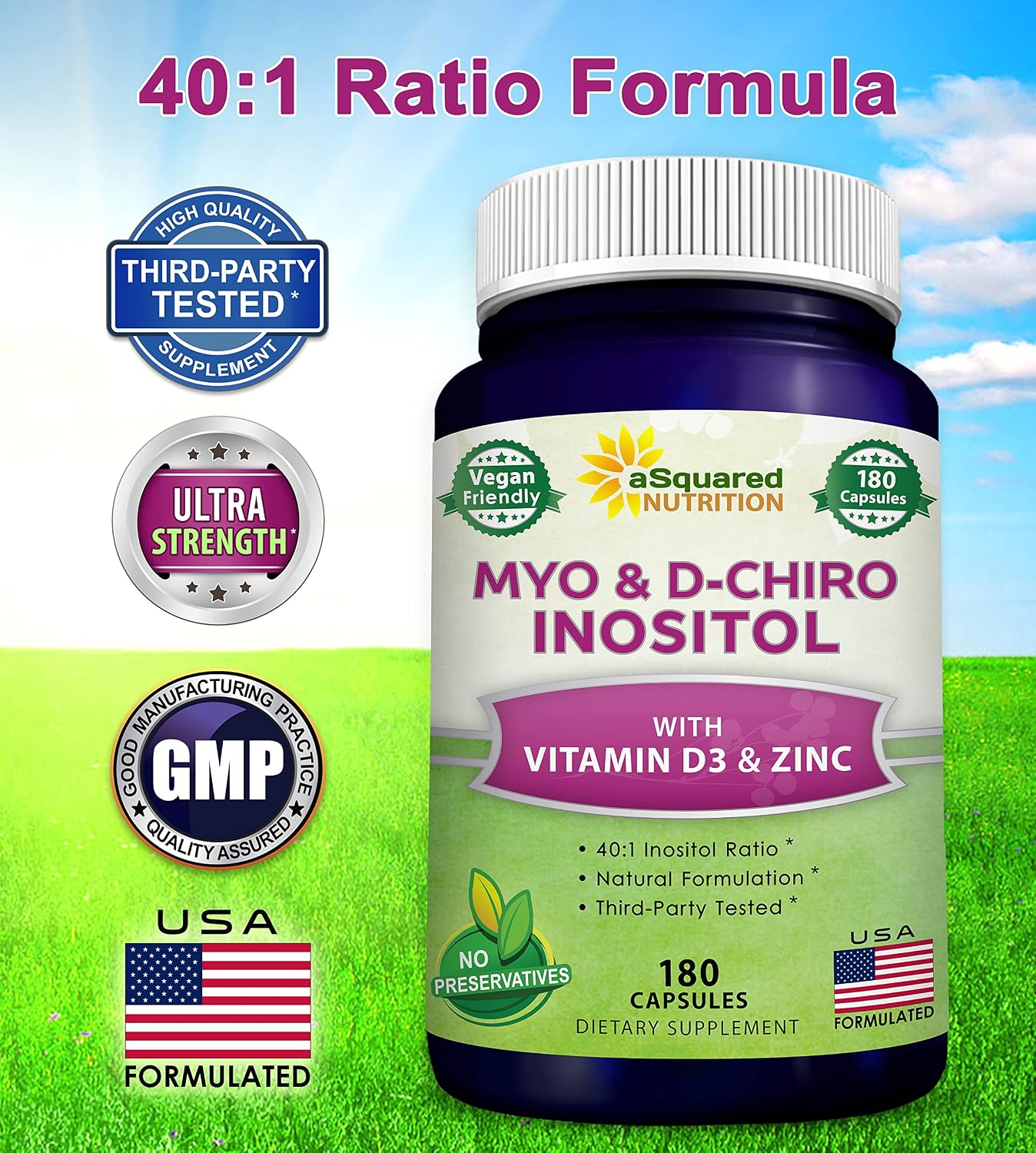 aSquared Nutrition Myo-Inositol & D-Chiro Inositol Supplement - 40:1 Ratio with Vitamin D3 and Zinc - 180 Capsules - görsel 3
