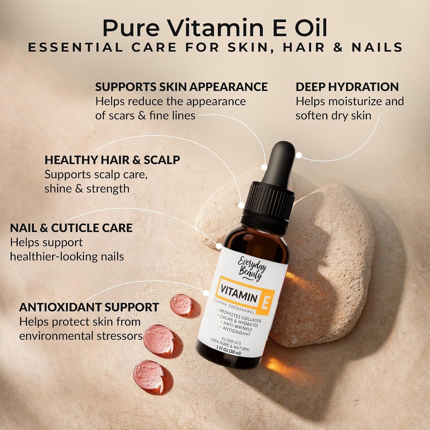 Everyday Beauty Ultra Pure Vitamin E Oil – 100% Natural D-Alpha Tocopherol from Wheat Germ – Glass Bottle & Dropper - görsel 2