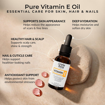 Everyday Beauty Ultra Pure Vitamin E Oil – 100% Natural D-Alpha Tocopherol from Wheat Germ – Glass Bottle & Dropper