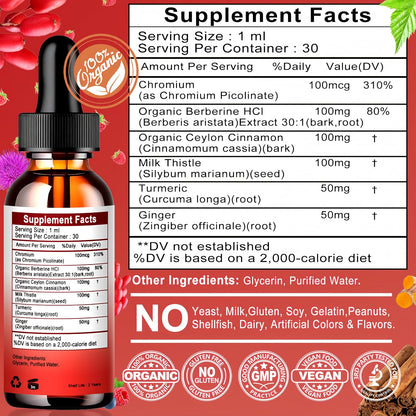 Vita Letuo Berberine Drops, High Absorption 6-in-1 Liquid Berberine Supplement with Ceylon Cinnamon, Milk Thistle, Turmeric and Ginger, 30 Servings