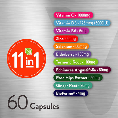 Viteey 11-in-1 Immune Support Supplement with Vitamin D3, C, Zinc, and Elderberry (60 Capsules)