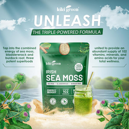 KIKI Green Irish Sea Moss Powder – Bladderwrack & Burdock Root – 227 g – Vegan Immune Support
