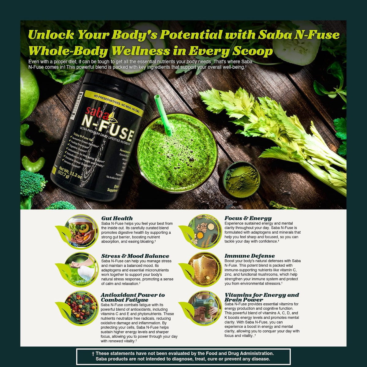 Saba N-Fuse Super Greens Powder – 50+ Superfoods, Probiotics and Digestive Enzymes for Gut Health and Energy, 30 Servings - görsel 6