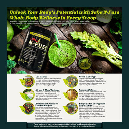 Saba N-Fuse Super Greens Powder – 50+ Superfoods, Probiotics and Digestive Enzymes for Gut Health and Energy, 30 Servings