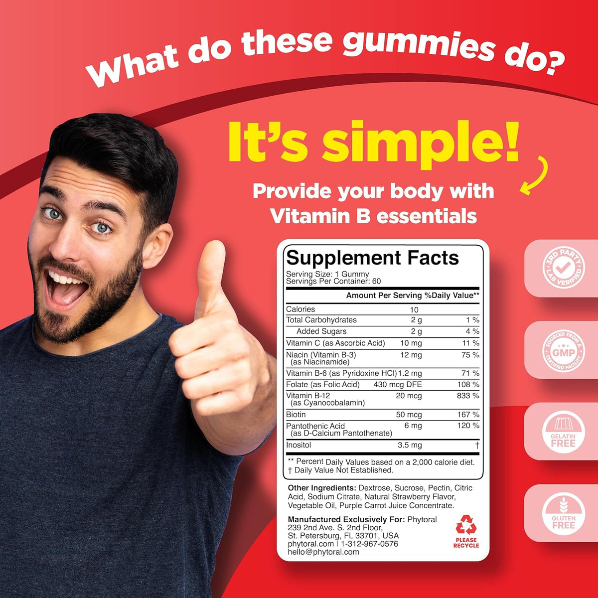 Vitamin B Complex Gummies for Adults & Kids - B Vitamins with Thiamine, Riboflavin, Niacin, B6, B12 & Folate - 60 Gummies - görsel 7