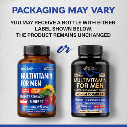 Multivitamin for Men - 46-in-1 with B-Complex & Whole Food Blend - Energy, Focus and Brain Health - 90 Capsules