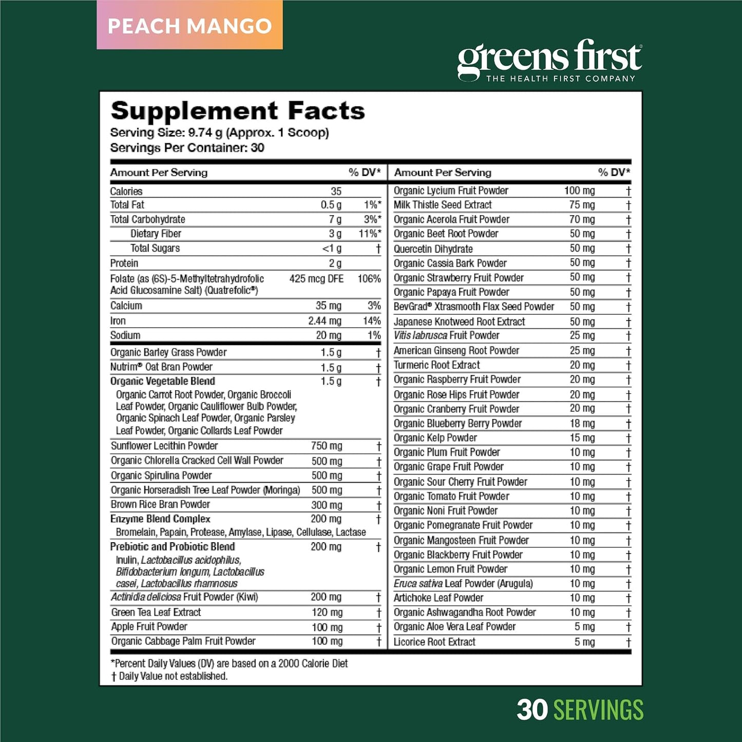 Greens First Original Greens Powder - 49 Superfoods, Organic Fruits & Veggies, Prebiotics, Probiotics & Digestive Enzymes - Peach Mango, 30 Servings - görsel 9