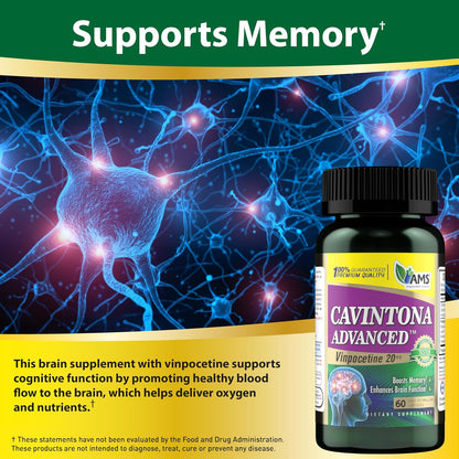 Cavintona Advanced Supplement – Vinpocetine 20mg for Memory, Recall and Brain Health – Supports Cognitive Function, Focus, Mental Clarity and Blood Flow – 60 Capsules
