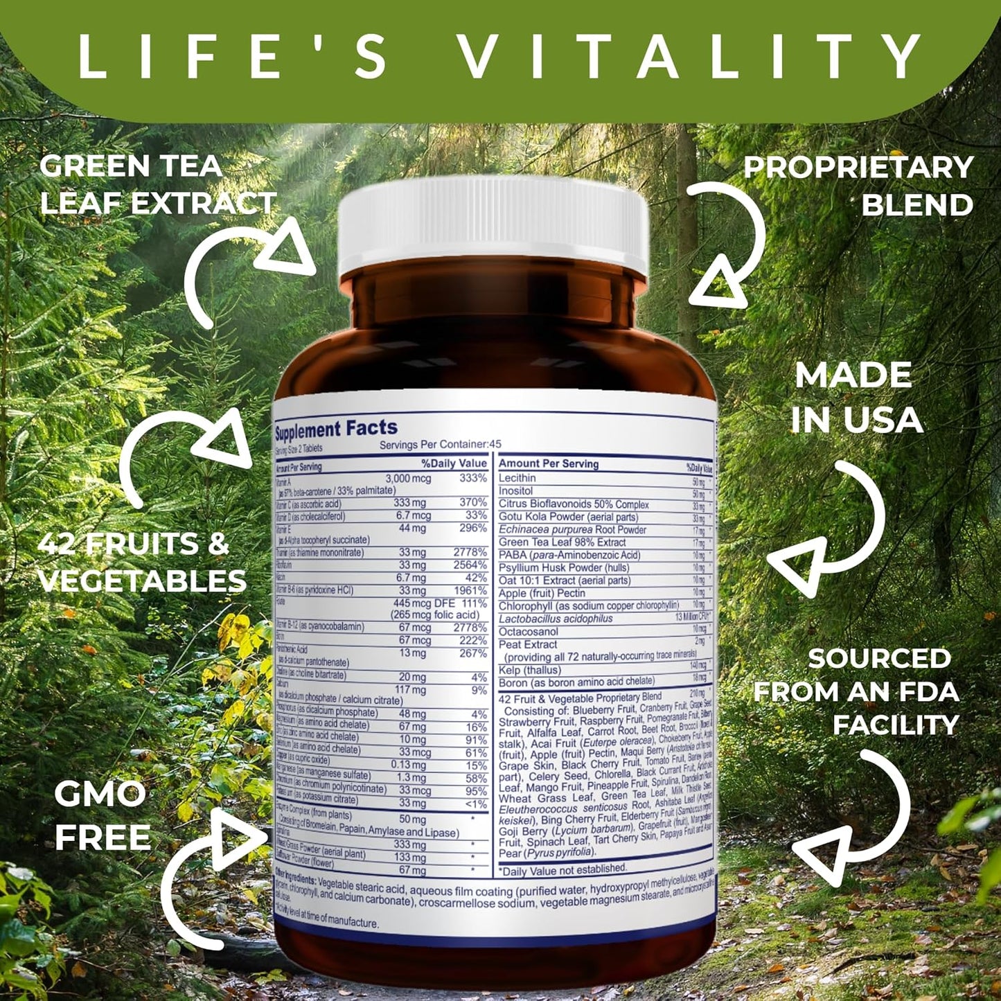 Life's Vitality Vegan Multivitamin – Non-GMO with 42 Fruits & Vegetables and Vitamin D, 90 Tablets - görsel 5