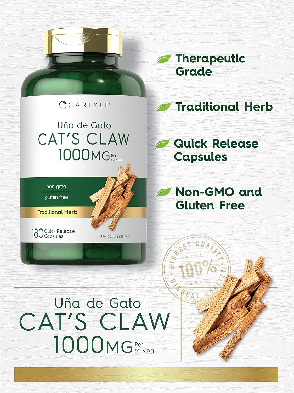 Carlyle Cat's Claw Herb Capsules 1000mg - Uncaria Tomentosa - Non-GMO, Gluten-free (180 Capsules) - görsel 3
