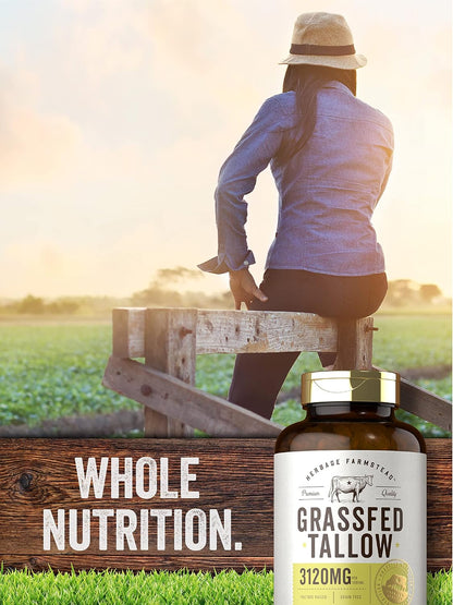 Carlyle Grass Fed Beef Tallow 3120mg | 200 Soft gel capsule Capsules | Pasture Raised Bovine Supplement | Non-GM, Gluten-free | by Herbage Farmstead