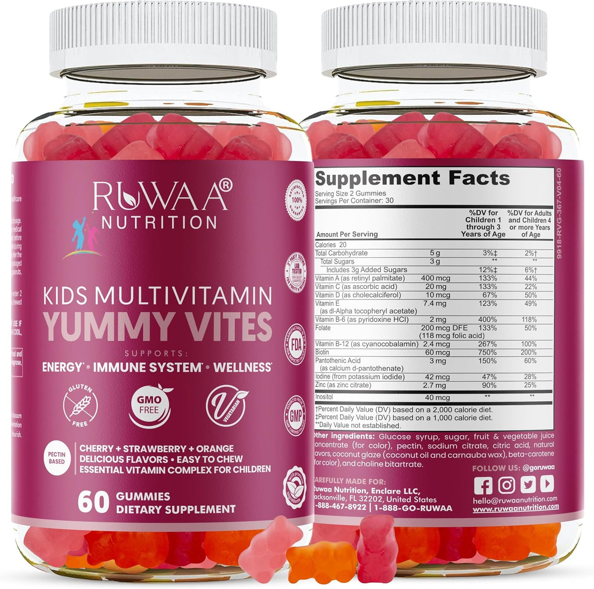 RUWAA NUTRITION Kids Multivitamin Gummies - 60 Gummies for Growth & Immune Support with Zinc, Vitamins C, D, E, B6 - Gluten-Free, Non-GMO, 3 Fruit Flavours - görsel 1