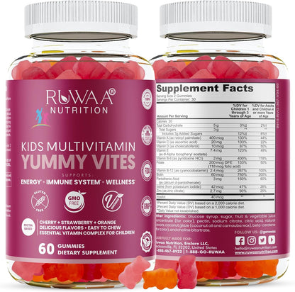 RUWAA NUTRITION Kids Multivitamin Gummies - 60 Gummies for Growth & Immune Support with Zinc, Vitamins C, D, E, B6 - Gluten-Free, Non-GMO, 3 Fruit Flavours