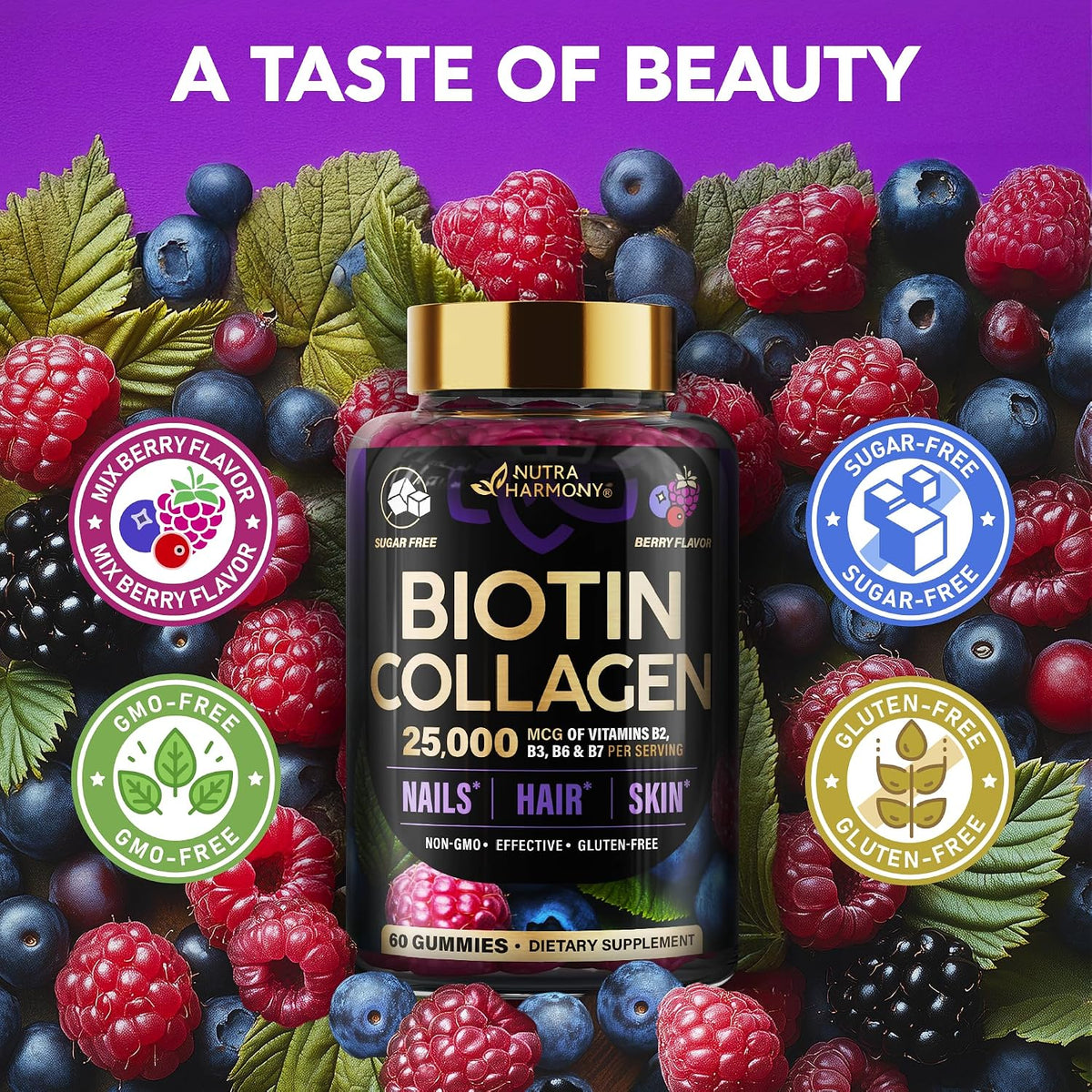 NUTRAHARMONY Biotin Gummies with Collagen - Hair, Skin and Nail Support - 10000mcg, Sugar-Free, Mixed Berry, 60 Gummies - görsel 6