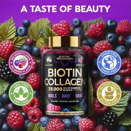 NUTRAHARMONY Biotin Gummies with Collagen - Hair, Skin and Nail Support - 10000mcg, Sugar-Free, Mixed Berry, 60 Gummies