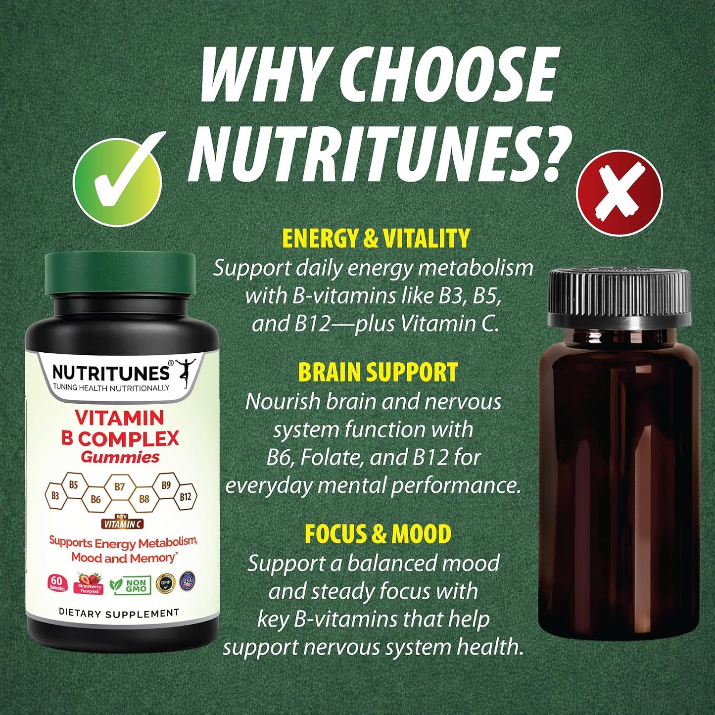 Nutritunes Vitamin B Complex Gummies - High Potency with Methyl B12, Folate, Biotin & Vitamin C - 60 Gummies - görsel 3