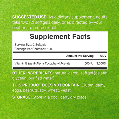Vitamin E Supplements (1,000 IU) – 240 Softgels – Extra Strength Antioxidant Protection