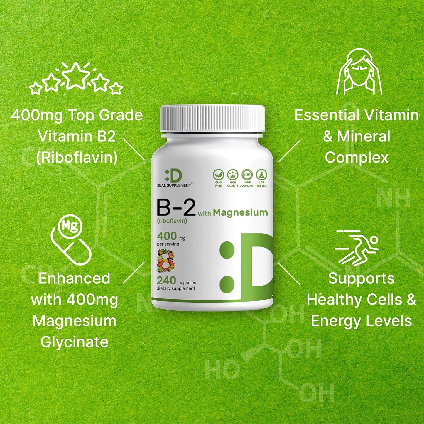 DEAL SUPPLEMENT Vitamin B2 (Riboflavin) 400mg + Magnesium Glycinate 400mg, 240 Capsules - görsel 4