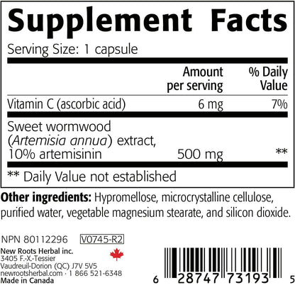 NEW ROOTS HERBAL Sweet Wormwood Extract Supplement (500 mg) Capsules with Vitamin C | Gut Cleanse and Detox Supplement with Wormwood, Digestive & Immune Support (60 Veg Capsules)