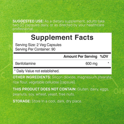 Benfotiamine 600mg Per Serving, 180 Veggie Capsules - Fat Soluble Vitamin B1 (Thiamine) Supplement - Vegan, Non-GMO, Gluten-free