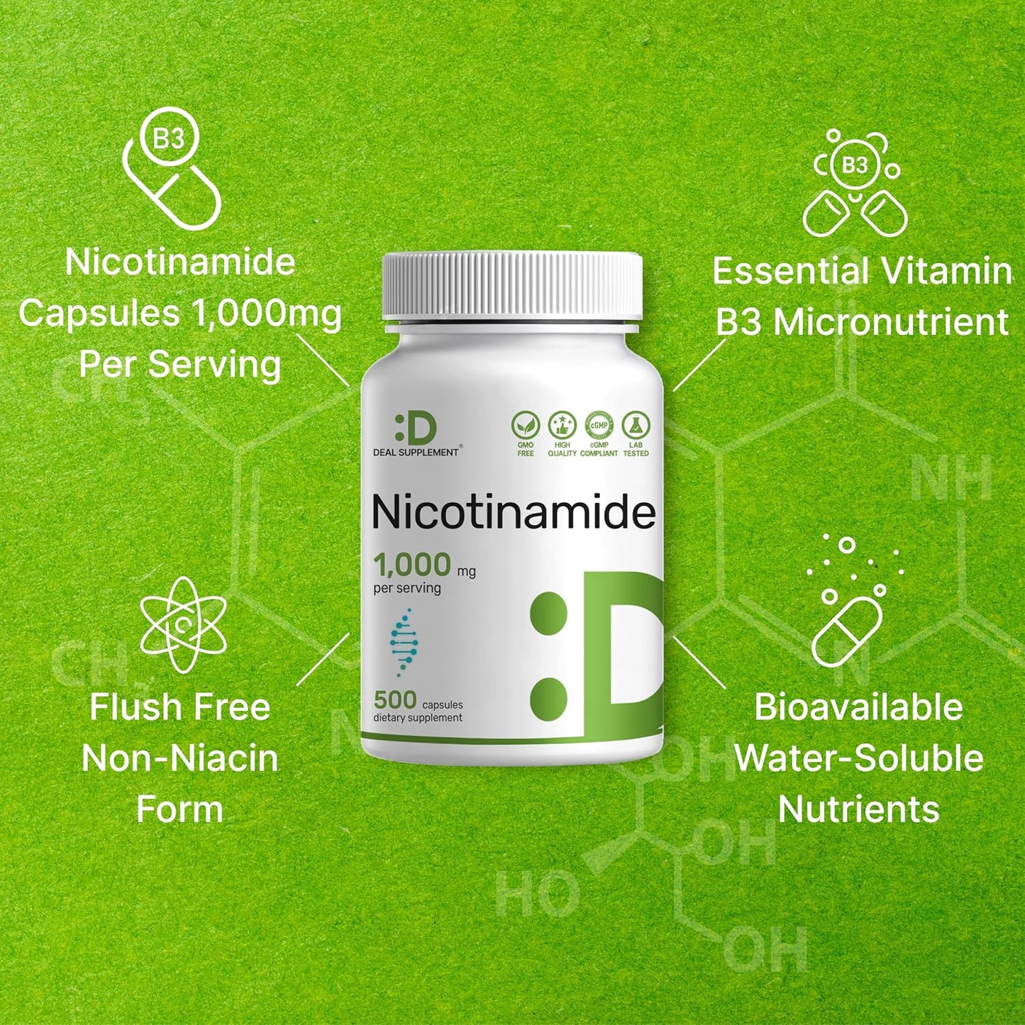 Vitamin B3 Nicotinamide 1,000mg – 500 Capsules – Flush Free Niacin Supplement - görsel 4