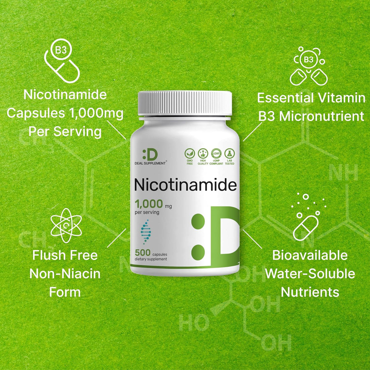 Vitamin B3 Nicotinamide 1,000mg – 500 Capsules – Flush Free Niacin Supplement - görsel 4