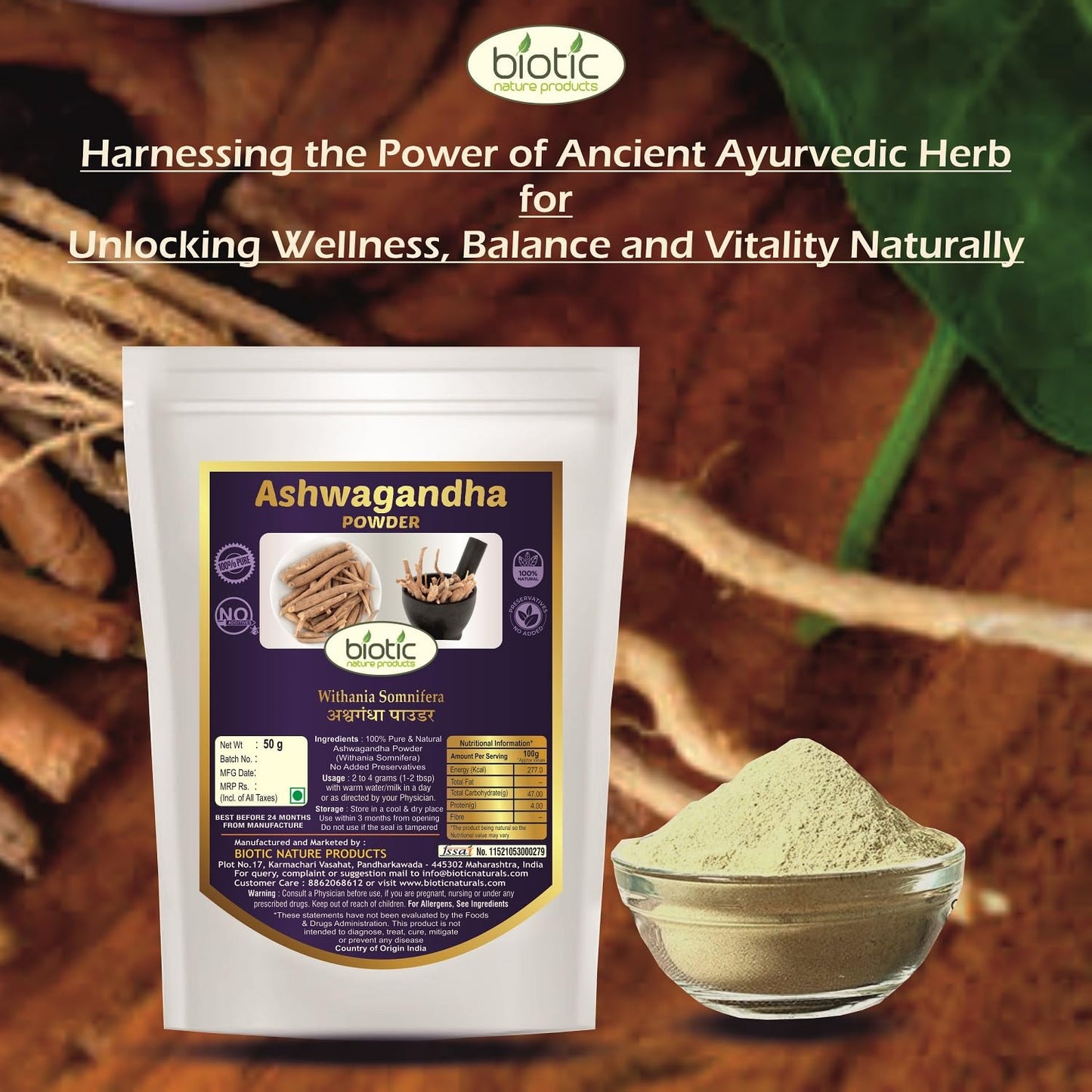 Biotic Safed Musli, Ashwagandha, Shatavari, Gokhru, Vidarikand & Kaunch Seed Powder - 300g (50g each) - görsel 3