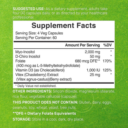 Myo-Inositol & D-Chiro Inositol Supplement for Women (40:1) | 2,050mg Per Serving | 240 Vegetarian Capsules | with Folate, – Image 2