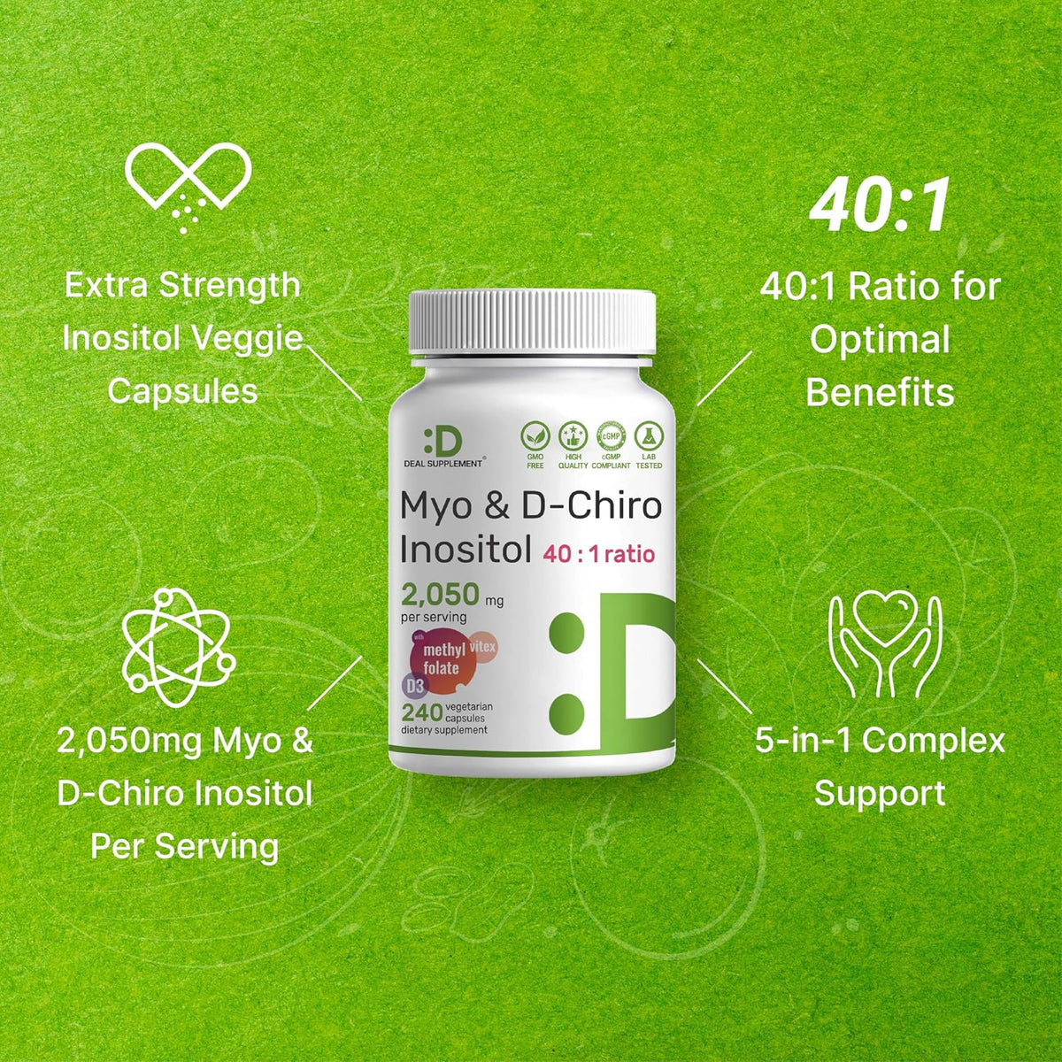 Myo-Inositol & D-Chiro Inositol Supplement for Women (40:1) | 2,050mg Per Serving | 240 Vegetarian Capsules | with Folate, – Image 4