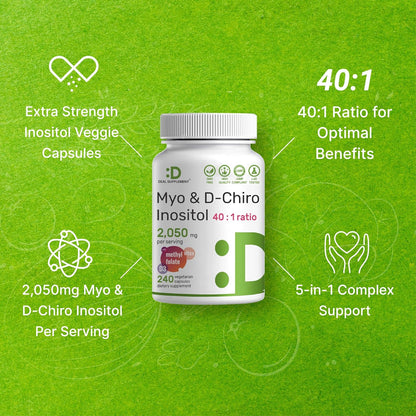 Myo-Inositol & D-Chiro Inositol Supplement for Women (40:1) | 2,050mg Per Serving | 240 Vegetarian Capsules | with Folate, – Image 4