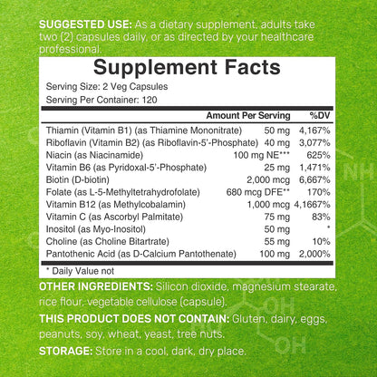 Bioactive Vitamin B Complex with Methylated B Vitamins & Vitamin C - 240 Vegetable Capsules
